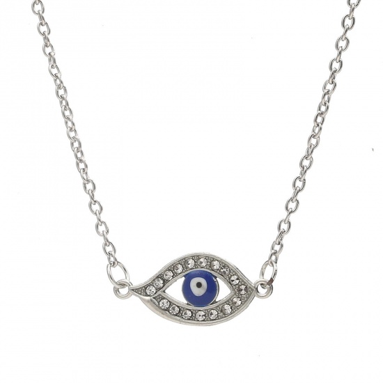 Immagine di Religione Collana con Ciondolo Tono Argento Malocchio Trasparente Strass 40cm Lunghezza, 1 Pz