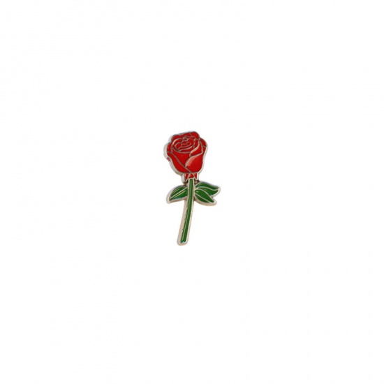 Immagine di Retrò Spilla Rosa Bronzo Antico Rosso & Verde Smalto 3.4cm x 1.8cm, 1 Pz