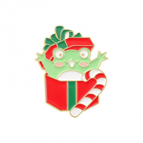 Immagine di Carino Spilla Contenitore di Regalo di Natale Rana Rosso & Verde Smalto 2.9cm x 2.3cm, 1 Pz
