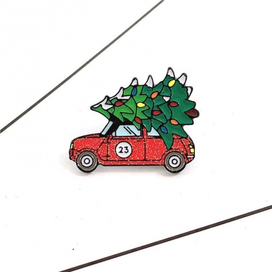 Bild von Niedlich Brosche Weihnachten Weihnachtsbaum Auto Rot Emaille 3.7cm x 3cm, 1 Stück