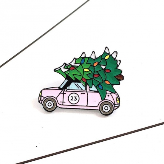 Bild von Niedlich Brosche Weihnachten Weihnachtsbaum Auto Rosa Emaille 3.7cm x 3cm, 1 Stück