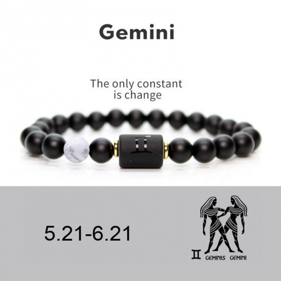 Bild von Schwarzer Onyx, Achat, lässig, zierliche Armbänder, zarte Armbänder, Perlenarmband, weißes Symbolzeichen, Zwillinge, Tierkreiszeichen, Konstellationen, 18 cm – 19 cm lang, 1 Stück