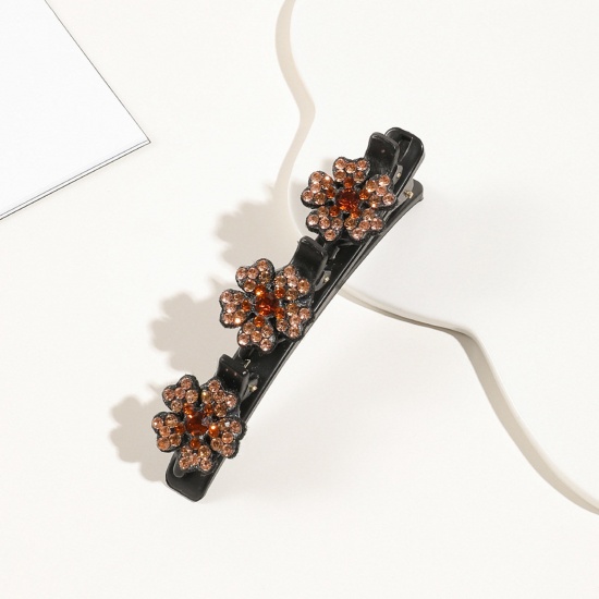 Imagen de Resina Trenzado Pinzas de pelo Negro Flor Champán Rhinestone 9.5cm x 3cm, 1 Unidad