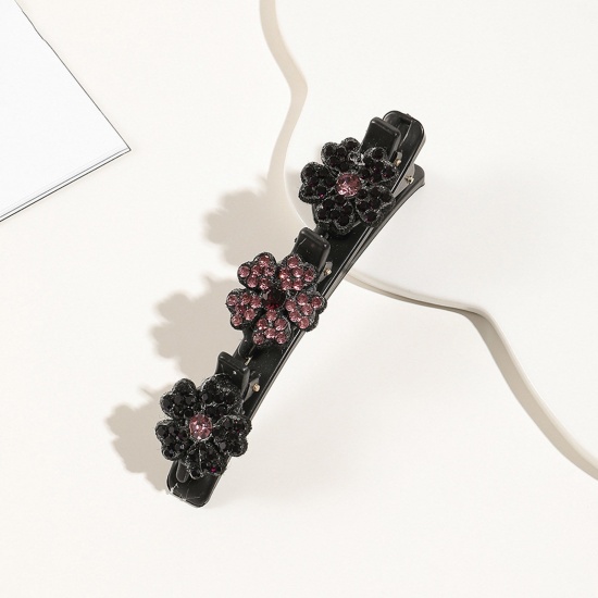 Imagen de Resina Trenzado Pinzas de pelo Negro Flor Lila Rhinestone 9.5cm x 3cm, 1 Unidad
