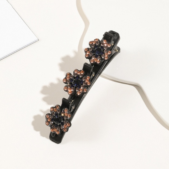 Imagen de Resina Trenzado Pinzas de pelo Negro Flor Multicolor Rhinestone 9.5cm x 3cm, 1 Unidad