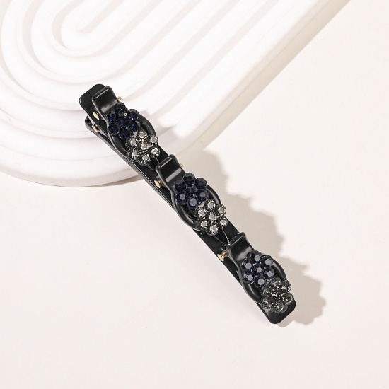 Imagen de Resina Trenzado Pinzas de pelo Negro Flor Azul Oscuro Rhinestone 9.5cm x 3cm, 1 Unidad