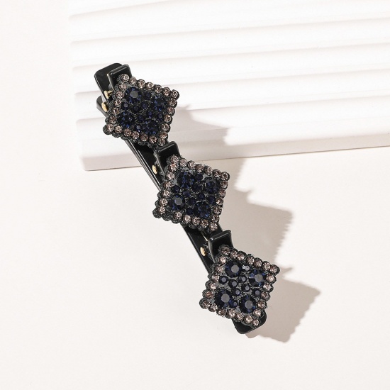 Imagen de Resina Trenzado Pinzas de pelo Negro Diamond Azul Oscuro Rhinestone 9.5cm x 3cm, 1 Unidad