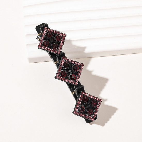Imagen de Resina Trenzado Pinzas de pelo Negro Diamond Color de Vino Tinto Rhinestone 9.5cm x 3cm, 1 Unidad