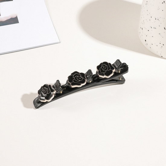 Imagen de Resina Trenzado Pinzas de pelo Negro Rosa 9.5cm x 3cm, 1 Unidad
