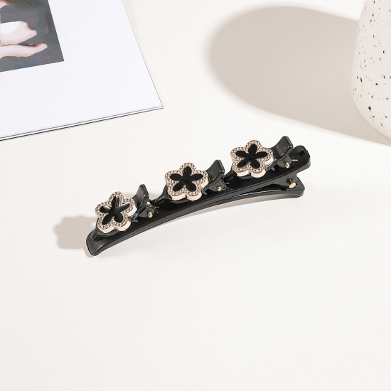 Imagen de Resina Trenzado Pinzas de pelo Negro Flor Transparente Rhinestone 9.5cm x 3cm, 1 Unidad