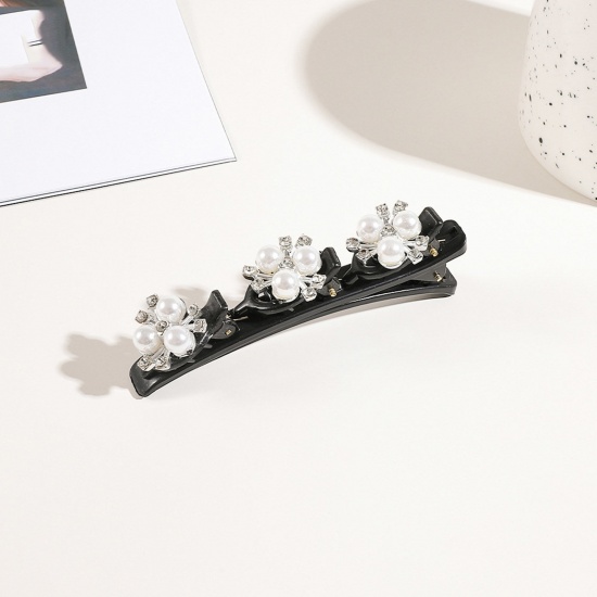 Imagen de Resina Trenzado Pinzas de pelo Tono de Plata Blanco Flor Transparente Rhinestone Imitación de perla 9.5cm x 3cm, 1 Unidad