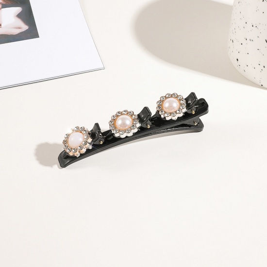 Imagen de Resina Trenzado Pinzas de pelo Negro Flor Transparente Rhinestone Imitación de perla 9.5cm x 3cm, 1 Unidad