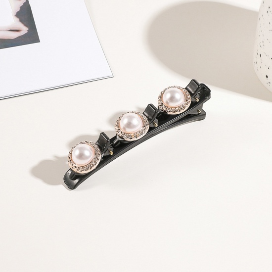 Imagen de Resina Trenzado Pinzas de pelo Negro Flor Transparente Rhinestone Imitación de perla 9.5cm x 3cm, 1 Unidad