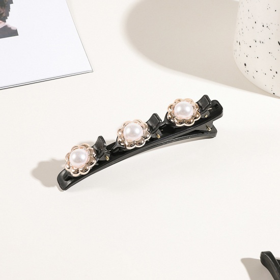 Imagen de Resina Trenzado Pinzas de pelo Negro Flor Transparente Rhinestone Imitación de perla 9.5cm x 3cm, 1 Unidad