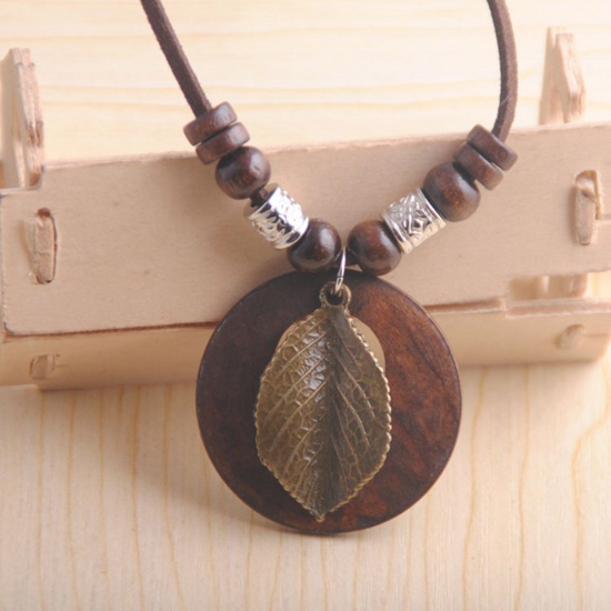 Picture of Wood Boho Chic Bohemia Sweater Necklace Long Antique Bronze Dark Brown Circle Ring Leaf 80cm(31 4/8") long, 1 Piece