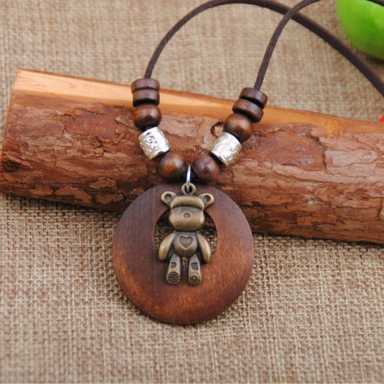 Picture of Wood Boho Chic Bohemia Sweater Necklace Long Antique Bronze Brown Circle Ring Bear 80cm(31 4/8") long, 1 Piece
