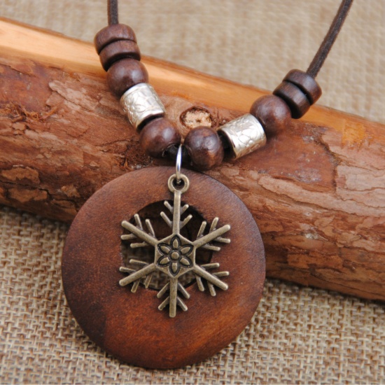 Picture of Wood Boho Chic Bohemia Sweater Necklace Long Antique Bronze Brown Circle Ring Snowflake 80cm(31 4/8") long, 1 Piece