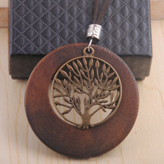 Bild von Holz Böhmischer Stil Pullover Halskette Bronzefarbe Braun Ring Lebensbaum Hohl 80cm lang, 1 Strang
