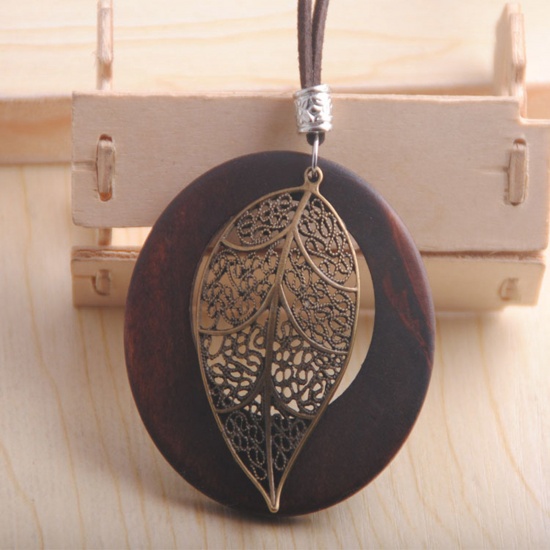Bild von Holz Böhmischer Stil Pullover Halskette Bronzefarbe Dunkelbraun Ring Blätter Hohl 80cm lang, 1 Strang