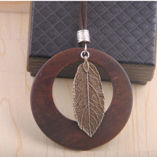 Bild von Holz Böhmischer Stil Pullover Halskette Bronzefarbe Dunkelbraun Ring Blätter 80cm lang, 1 Strang
