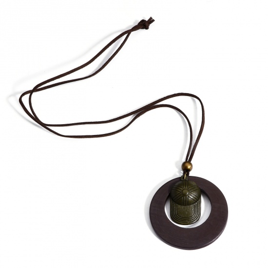 Bild von Holz Böhmischer Stil Pullover Halskette Bronzefarbe Dunkelbraun Ring Hut 80cm lang, 1 Strang