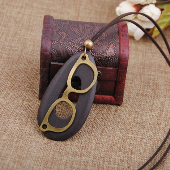 Bild von Holz Böhmischer Stil Pullover Halskette Bronzefarbe Dunkelbraun Ring Brille 80cm lang, 1 Strang
