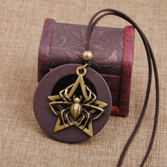 Bild von Holz Böhmischer Stil Pullover Halskette Bronzefarbe Dunkelbraun Halloween Spinne Pentagramm 80cm lang, 1 Strang