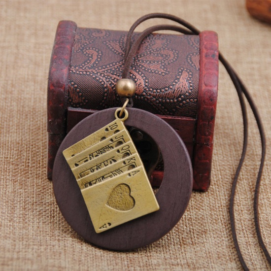 Bild von Holz Böhmischer Stil Pullover Halskette Bronzefarbe Dunkelbraun Ring Spielkarten 80cm lang, 1 Strang