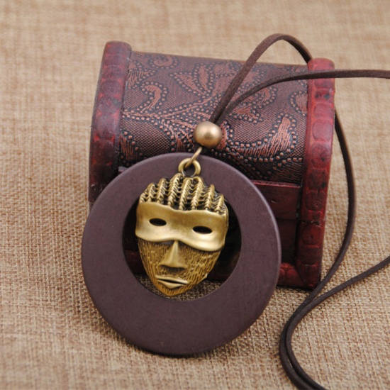 Bild von Holz Böhmischer Stil Pullover Halskette Bronzefarbe Dunkelbraun Ring Maske 80cm lang, 1 Strang