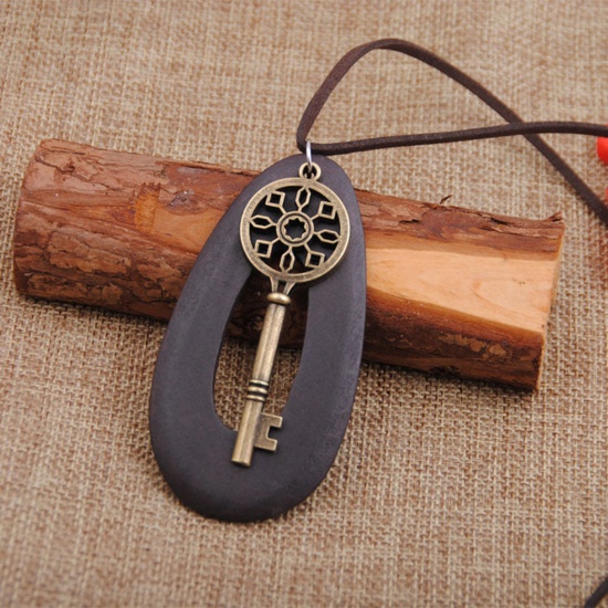 Bild von Holz Böhmischer Stil Pullover Halskette Bronzefarbe Dunkelbraun Ring Schlüssel 80cm lang, 1 Strang