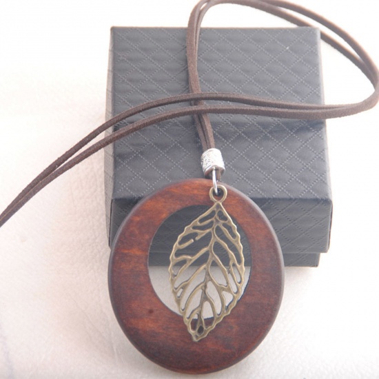 Bild von Holz Böhmischer Stil Pullover Halskette Bronzefarbe Rotbraun Ring Blätter Hohl 80cm lang, 1 Strang