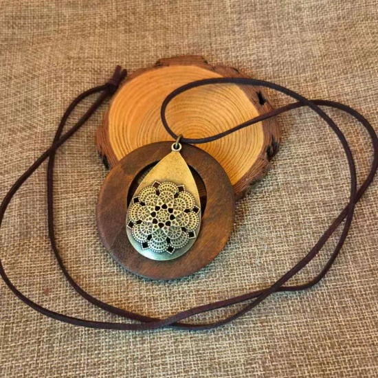 Bild von Holz Böhmischer Stil Pullover Halskette Bronzefarbe Kaffeebraun Ring Tropfen 80cm lang, 1 Strang
