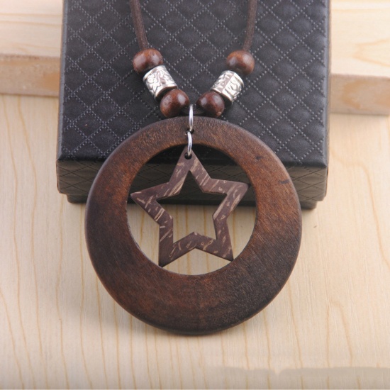 Bild von Holz Böhmischer Stil Pullover Halskette Kaffeebraun Ring Pentagramm Hohl 80cm lang, 1 Strang