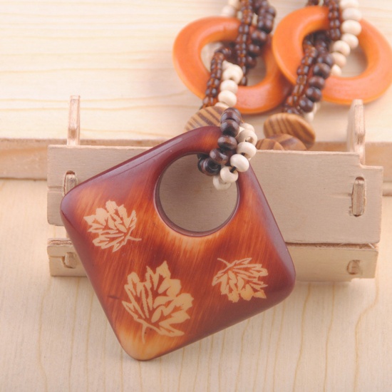 Picture of Wood Boho Chic Bohemia Sweater Necklace Long Brown Red Rhombus Maple Leaf 80cm(31 4/8") long, 1 Piece