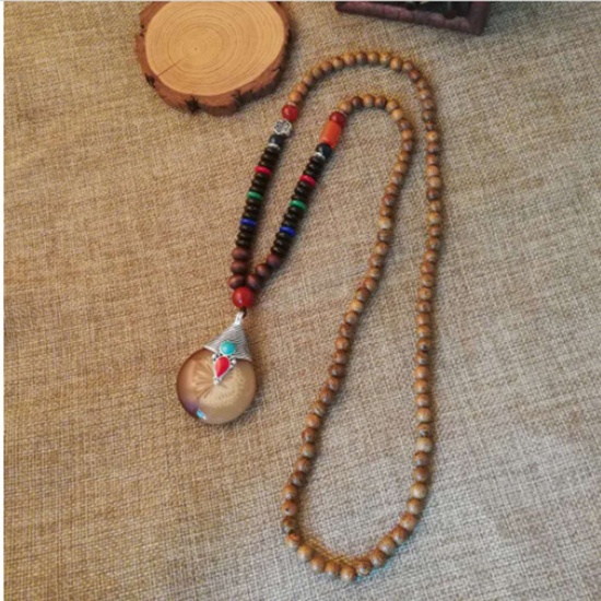 Picture of Wood Boho Chic Bohemia Sweater Necklace Long Brown Drop 80cm(31 4/8") long, 1 Piece