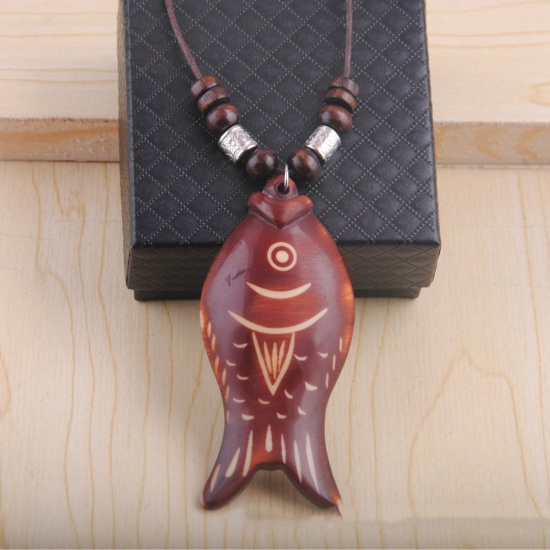 Bild von Holz Böhmischer Stil Pullover Halskette Rotbraun Fisch 80cm lang, 1 Strang