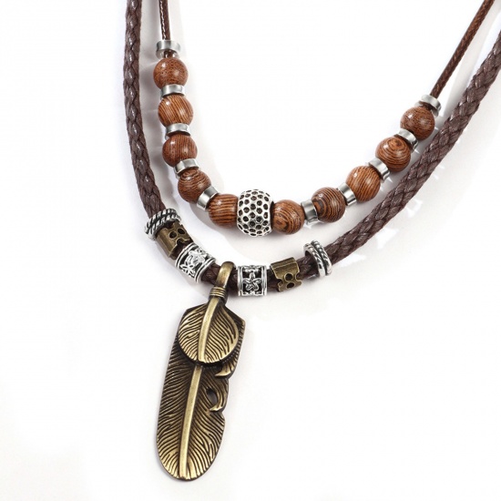 Picture of Wood Retro Multilayer Layered Necklace Antique Bronze Feather 40cm - 60cm long, 1 Piece