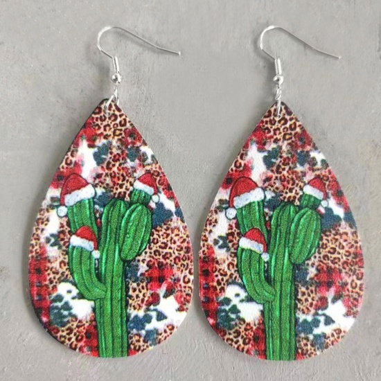 Bild von PU Kunstleder Weihnachten Ohrring Silberfarbe Bunt Tropfen Kaktus 8.5cm, 1 Paar