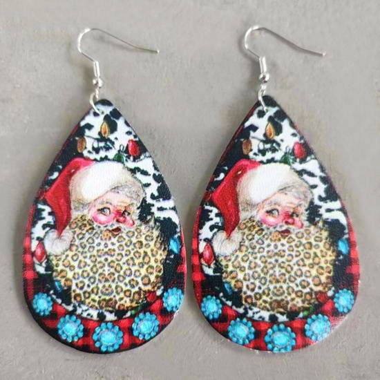 Bild von PU Kunstleder Retro Ohrring Silberfarbe Bunt Tropfen Weihnachten Weihnachtsmann 8.5cm, 1 Paar