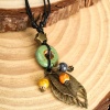 Picture of Ceramic Boho Chic Bohemia Sweater Necklace Long Antique Bronze Green Circle Ring Leaf 50cm(19 5/8") long, 1 Piece