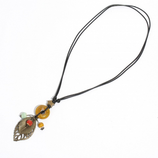 Bild von Keramik Böhmischer Stil Pullover Halskette Bronzefarbe Gelb Ring Blätter 50cm lang, 1 Strang