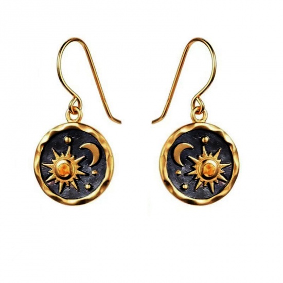 Picture of Galaxy Earrings Gold Plated Black Round Sun & Moon Enamel 3cm x 2.5cm, 1 Pair