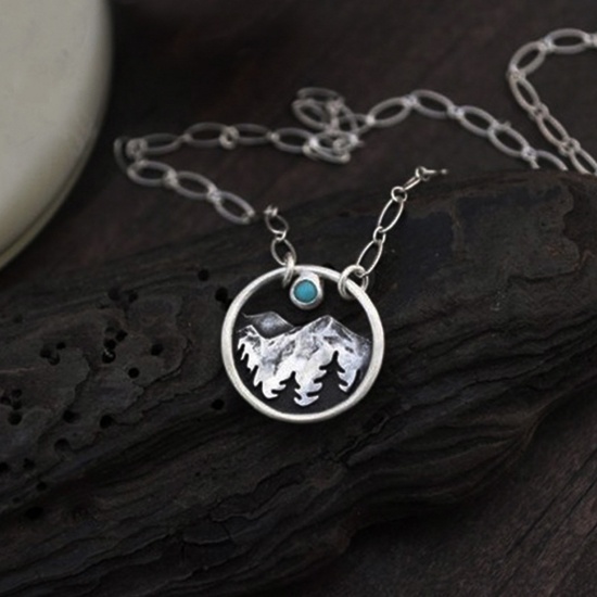 Picture of Boho Chic Bohemia Pendant Necklace Antique Silver Color Circle Ring Mountain Imitation Turquoise 45cm(17 6/8") long, 1 Piece