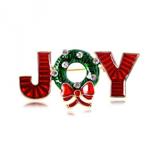 Bild von Weihnachten Brosche Schleife Message " JOY " Vergoldet Rot & Grün Emaille Transparent Strass 5.6cm x 2.8cm, 1 Stück