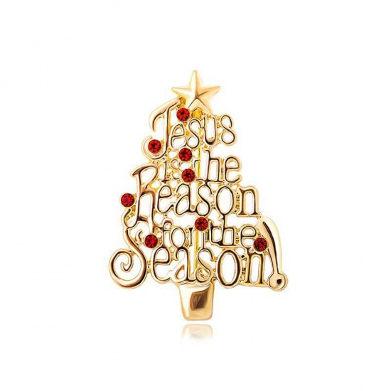 Bild von Stilvoll Brosche Weihnachten Weihnachtsbaum Vergoldet Emaille Rot Strass 4.2cm x 3cm, 1 Stück