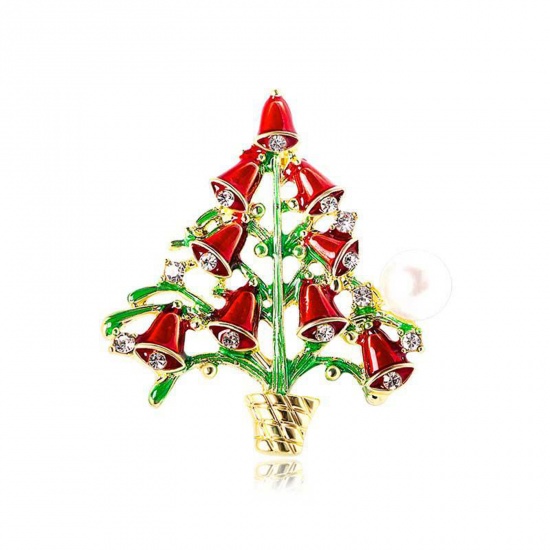 Bild von Stilvoll Brosche Weihnachten Weihnachtsbaum Vergoldet Rot & Grün Emaille Transparent Strass 4.2cm x 4cm, 1 Stück