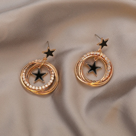Imagen de Elegante Pendientes Chapado en Oro Negro Anillo Estrellas de cinco puntos Transparente Rhinestone 4cm, 1 Par