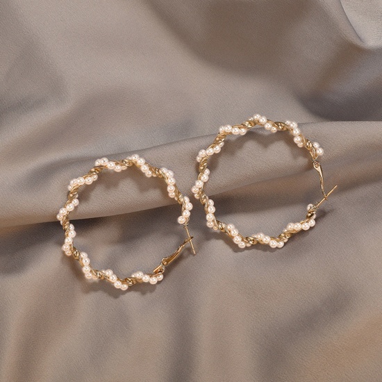 Imagen de Elegante Pendientes Círculos Chapado en Oro Imitación de perla 4cm, 1 Par