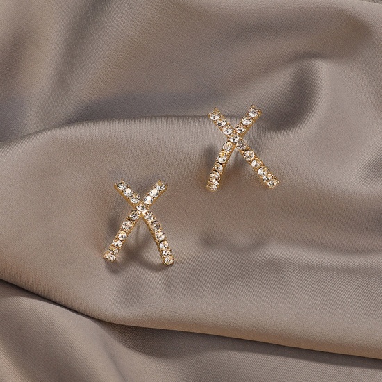 Imagen de Elegante Pendientes Chapado en Oro Forma de X Transparente Rhinestone 3cm, 1 Par