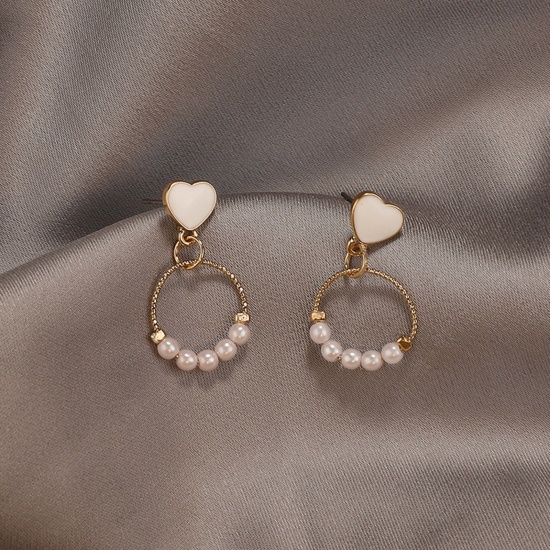 Imagen de Elegante Pendientes Chapado en Oro Corazón Imitación de perla 3cm, 1 Par